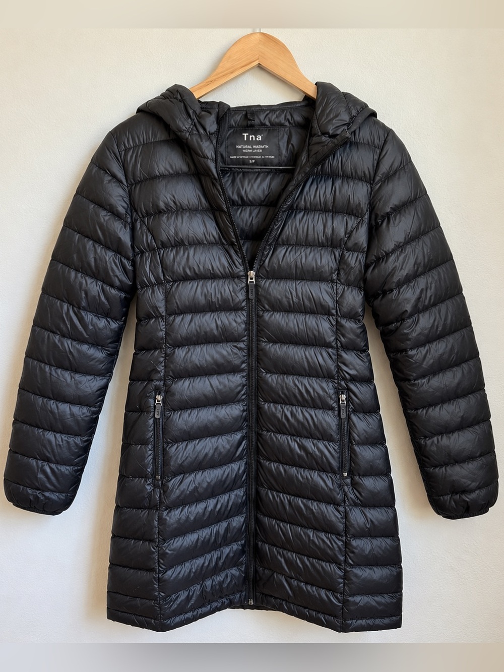 Aritzia TNA Bravura Jacket Womens XS Black Goose Down Long Puffer Hooded